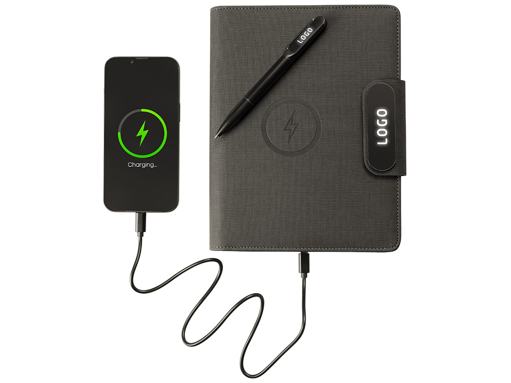 Подарочный набор Twilight: органайзер А5 с беспроводной зарядкой и металлическая шариковая ручка со светящимся логотипом — изображение 6