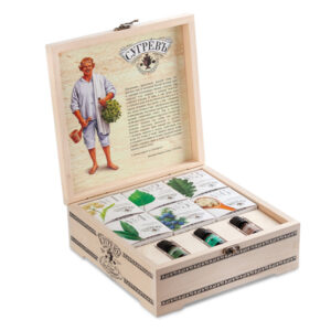 Подарочный набор с чаем и эфирными маслами История пара и самовара в деревянной шкатулке